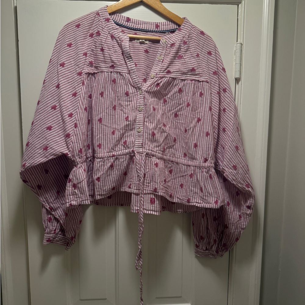 Pilcro Pink Striped Button-Front Peasant Blouse with Floral Motif